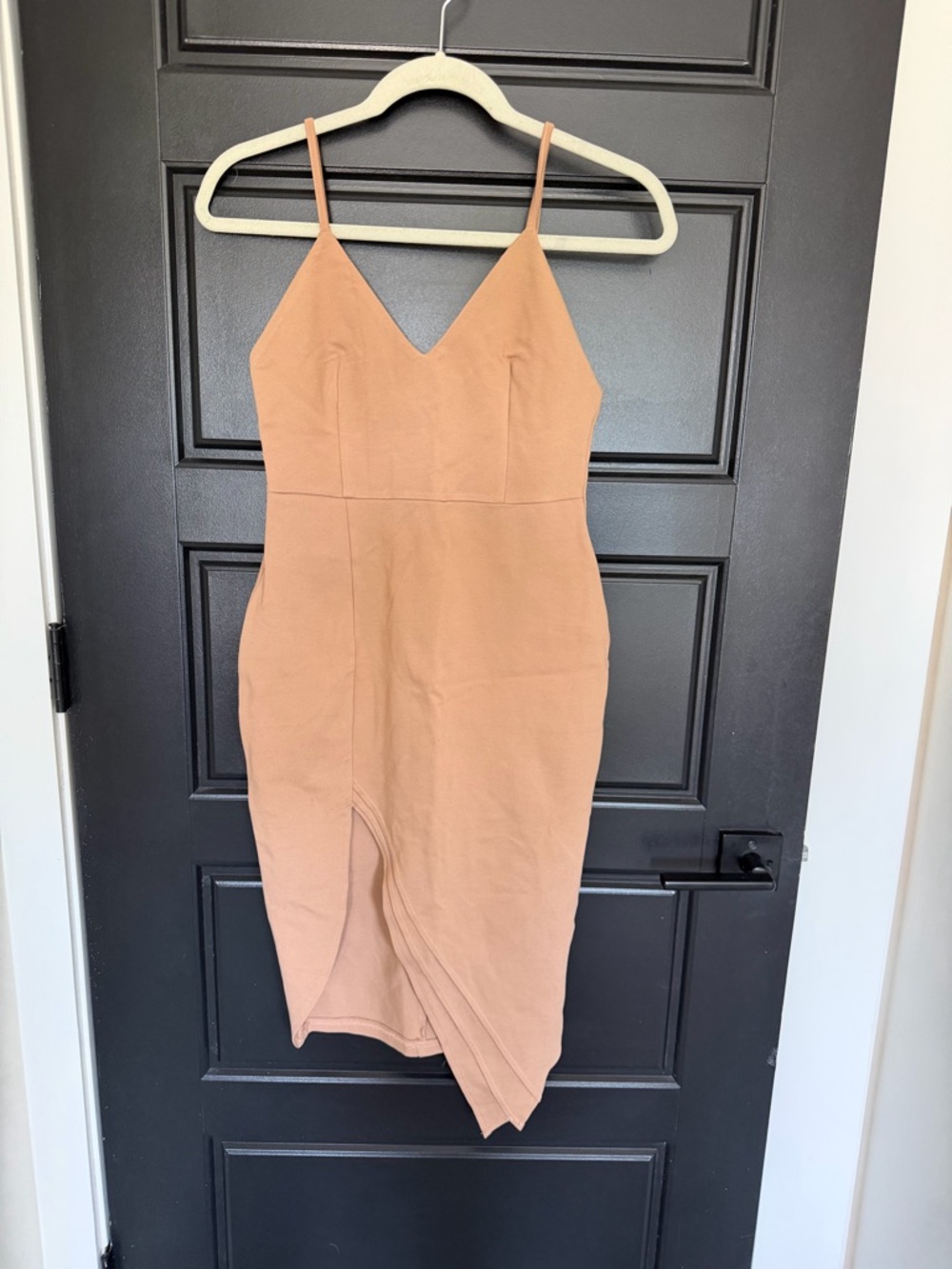 Revolve About Us Tan Bodycon Midi Dress | Asymmetrical Slit | Size S